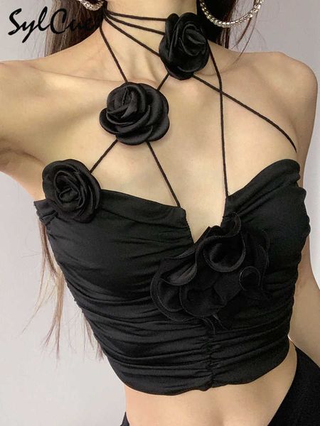 Tanques de mujer Camis Sylcue Black Rose Mysterious Sexy Elástico Glamorous Hot Tight Madura Feminidad Glamour Party Women's Wrap Chest Crop Top Y2302