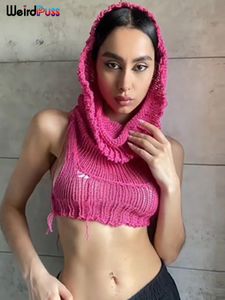 Damestanks Camis Tank Top Rajut Bertudung Kucing Aneh Y2K Kamisol Pusar Seksi Tanpa Lengan Rajutan Rompi Liar Hipster Jalanan Ketat 230515