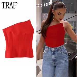 Débardeurs pour femmes Camis TRAF Asymétrique Corset Top Femme Rouge Dos Nu Crop Hors Épaule Bustier s 2023 Sans Manches Sexy 230511