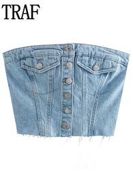 Damestanks Camis Traf Blue Crop Top Vrouw Denim Corset Vrouwen Y2K Off Schouder SEXY TUBE VROUW FARTY Summer S Streetwear 230331