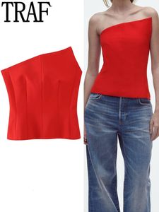 Damestanks Camis Traf Red Corset Top Vrouw Off Schouder S voor vrouwen Bustier Asymmetric Crop Party Night Backless Lingerie Sexy S 230331