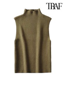 Débardeurs pour femmes Camis TRAF Femmes Mode Équipée De Base En Tricot Côtelé Débardeurs Vintage Col Haut Sans Manches Femme Camis Chic Gilet Top Mujer P230322