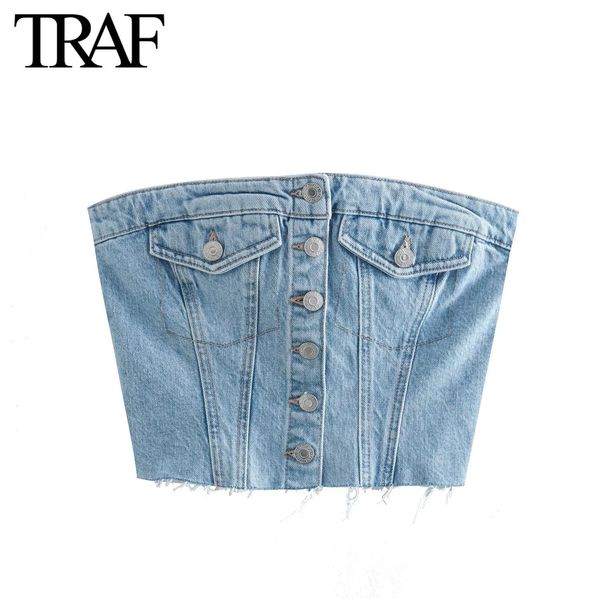 Débardeurs pour femmes Camis TRAF femmes mode sans bretelles Corset haut en jean Blouses été dos élastique simple boutonnage récolte 230224