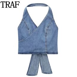 Dames Tanks Camis TRAF Womens Top Denim Crop Top Vrouwen Off Shoulder Blauw Halter Top Streetwear Backless Sexy Tops Vrouw Party Night Jeans Tops 230712