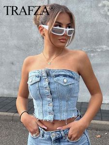 Tanques de mujer Camis TRAFZA Mujeres Sexy Tube Denim Tops Off Shoulder Button Corset Tank Tops Summer Backless Crop Blue Denim Top Streetwear 230728