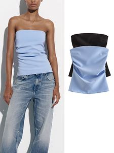 Tanques de mujer Camis Tube Top Mujer Pale Blue Corset Crop Mujer Sexy Off Shoulder Bustier Tops para 2023 Summer Backless Fruncido Mujer 230713