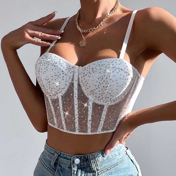 Tanks pour femmes Camis Vemina noir Sexys Sequin Halter Lnner Top Blanc Mesh creux de Fishbone Corset Y2K STRT Style Slim Crop Top Y240420