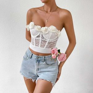 Tanks pour femmes Camis Vemina Sexy Y2K STRT Style Broidery Top Backlesslessless Hollowing Fishbone Corset Slveless Fashion Mesh Crops Y240420