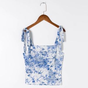 Damestanks Camis vintage bloemenprint chiffon tops voor vrouwen zomer mouwloze stropdas band sexy crop top side ritsje achter shirred casual