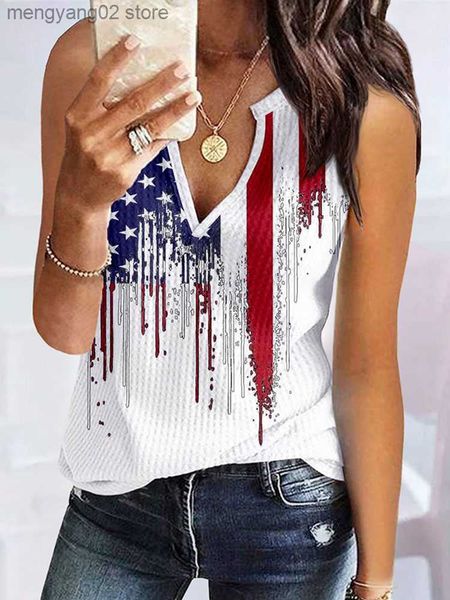 Tanques de mujer Camis Mujer Bandera americana Waffle Camiseta sin mangas con cuello en v Impreso colorido Sin mangas Camisas patrióticas Verano Chaleco casual Verano 4 de julio T230517