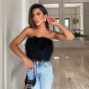 Débardeurs pour femmes Camis Femmes Fourrure Artificielle Plume Crop Top Gilet Sans Manches Couleur Unie Sans Bretelles Moelleux Dos Nu Slim Fit Tube Tops Streetwear Y2K Y2302