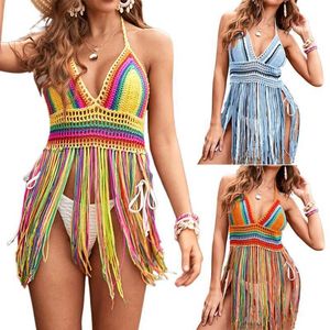 Damestanks Camis Women Beach Crochet Halter Top Boho Rainbow Kleurrijke gestreepte Fringe Fringe Tassels Bikini Cover Up Sexy Vneck Gebreide Swimwear C63F Z0510