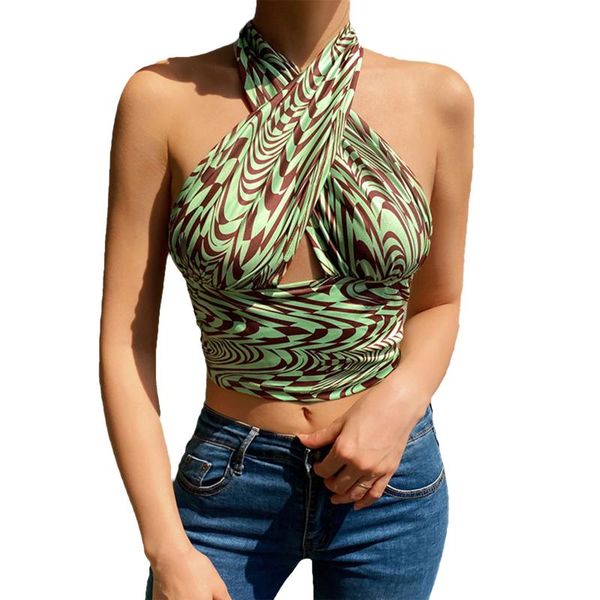 Débardeurs pour femmes Camis Femmes Crisscross Water Ripple Halterneck Green Top Sexy Sans Manches Abstract Stripe Print Tailoring Vest Pour Partie Partie