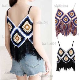 Tanks Femmes Camis Femmes Crochet Tricot Camisole Multicolore Plaid Rhombus Motif Boho Crop Top Sexy Col V Gland Plage Gilet Sans Manches T230417