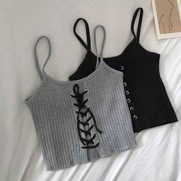 Dames Tanks Camis Dames Drawstring Sexy Crop Tops Spaghetti Bandjes Breien Camisole Vrouwelijke Solid Top Feminino voor de zomer