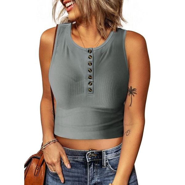 Tanques de mujer Camis Mujeres Ribb-ed Scoop Neck Tops Camisa Botón Sin mangas Top Slim Fitted Casual Blusa Cerveza para Black ApparelWomen's