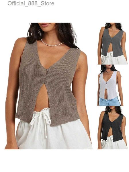 Tanks pour femmes Camis Femmes S deep V Neck Tricoted Vest Color Couleur Bouton Up Crochet Tops Y2K Summer Sans Sonned For Beach Party D240427