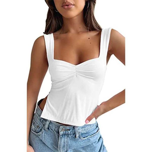 Débardeurs pour femmes Camis Femmes Slim Ajusté Basique Y2K Débardeurs T-shirt Couleur Unie Plissé Sans Manches Gilet Décontracté À Bretelles Sexy Vintage Tendance