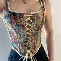 Tanques de mujer Camis Mujeres Sexy Cross Bandage Bustiers Crop Top U-Neck Cross Strappy Tank Tops Vintage Flowers Print Bow Straps Corsés 230608