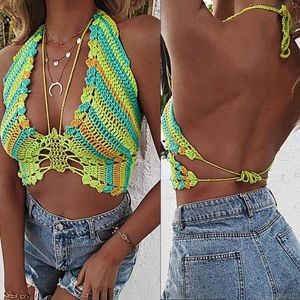 Débardeurs pour femmes Camisoles Femmes D'été Sexy Camisole En Tricot Col En V Profond Halter Dos Nu Crop Top Crochet Papillon Bralette Soutien-Gorge Gilet Plage ju30 P230519