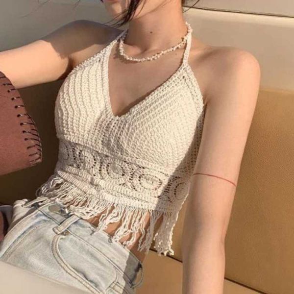 Tanques de mujer Camis Mujeres Chaleco corto de verano Sexy Hollow Out Plain White Halter Chaleco Correa Crop Tops Crochet Bikini Tank Tops Camisa Hot Tank Top P230328