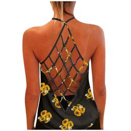 Damestanks Camis Women Summer Tops Blouse Top Zonnebloemprint Stijlvolle T-shirts Mouwloze Backless Tank Roupas Femininaswom