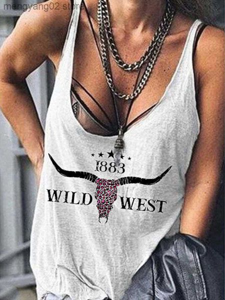 Débardeurs pour femmes Camis Femmes Western Fashiopn Débardeur Wild West Steer Crâne Imprimé Léopard Vintage Graphic Tee Chemise Sans Manches Lâche Country Music Top T230517