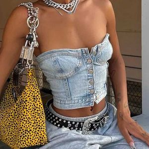 Tanks pour femmes Camis Boutons Femmes Denim CORSET CROCK TOP TOP BROCKS Jeans CORSET TREST Back Push Up Vest Vintage Harajuku Street Clothing J240409