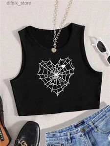 Tanks pour femmes Camis Femmes Gothiques Cobweb Heart Print Graphic Top 2024 Y2K Clothes d'été Streetwear Black Sans manche Crop Top GRUNG Y240403