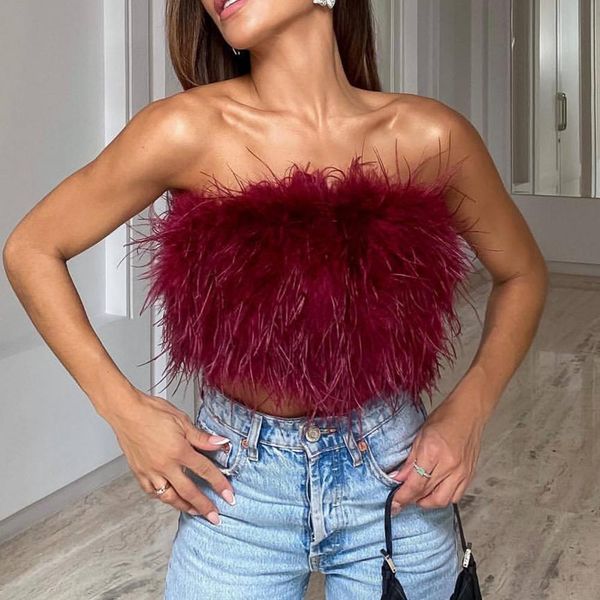 Tanques de mujer Camis Womens Sexy Feather Crop Top Color sólido Fluffy Skin-touch Sin mangas Fuera del hombro Mini Lady Camisole Night Party Ropa 230510
