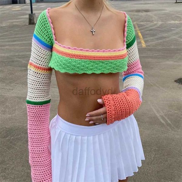 Tanks Femmes Camis Femmes Summer Crop Top Patchwork Crochet Encolure carrée à manches longues T-shirt tricoté Top 2021 Green Girl Street Vêtements 24326