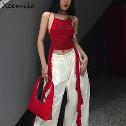 Débardeurs pour femmes Camis Xeemilo Vintage Rouge Off Épaule Débardeur Y2K Chic 3d Fleur Volants Dos Nu Crop Tops Été 2023 Sexy Plissé Halter Camisole 230715