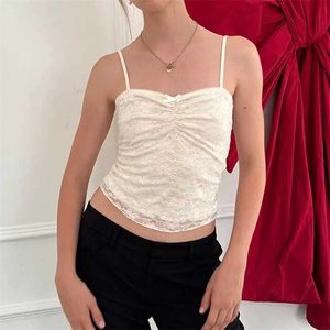 Damestanks Camis Xingqing Lace Camisole Y2K Kleding Vrouwen Sexy Spaghetti Riem Slapeless Ruched Crop Top Tanks met Bow Summer Vest Strtwear Y240420