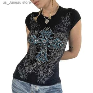 Tanks pour femmes Camis Xingqing Rignestone T-shirt Y2K esthétique Fairy Grunge Cross Wings Match Short Slve Tops Casual Graphic T 2000S Strtwear T240412
