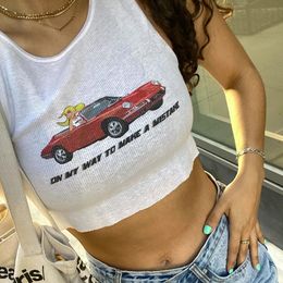 Damestanks Camis Xingqing Y2K Auto -print Crop Top 2000s Esthetische grunge T -shirt Dames Mouwloos vest White Harajuku Tees E Girl Streetwear 230105