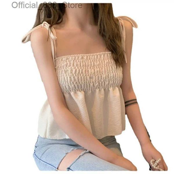 Tanks pour femmes Camis Y2k plissée Camisole Femmes Summer Crop Top Top Femme Sexy Tee Shirt Femme Short Bandage mignon Tanks Camis Camis Skinny T-shirt D240427