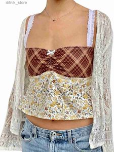 Tanks pour femmes Camis Yoawdats Femmes Summer Slim Tops Floral Print Mini Bow Front Cami Show Navel Cropped Patchwork Camisole Streetwear Y240403
