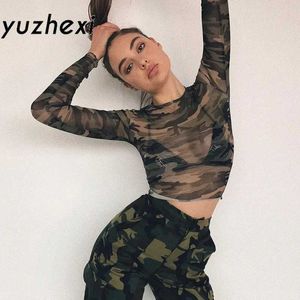 Débardeurs pour femmes Camis YUZHEXI été Transparent maille Camo haut à manches longues O-Leading vert T-shirt 24326