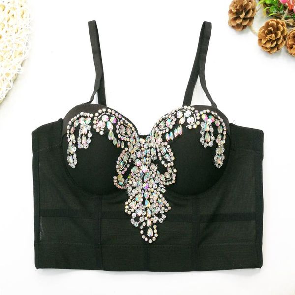 Camisola sin mangas para mujer, Top de ganchillo para mujer, chaleco Bandeau de diamante brillante, blusa tipo chaleco de espina de pescado, corsé Sexy para discoteca, ropa de Color negro sólido 2023