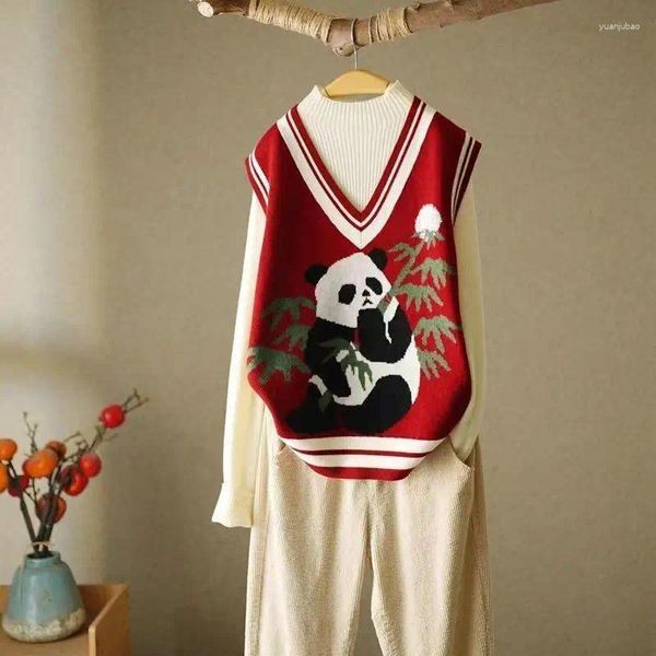 Réservoirs pour femmes dessin animé Panda sans manches pulls gilet vêtements mode pulls printemps automne lâche décontracté col en v tricoté hauts