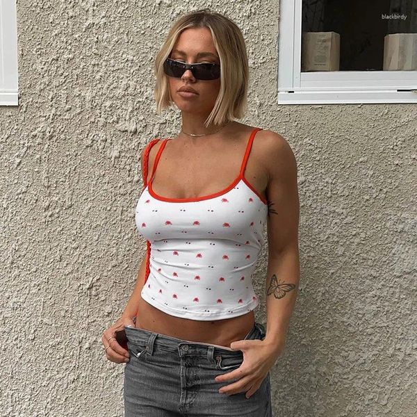 Tanques de mujer Estampado de flores de cerezo Camisola blanca Y2k Cute Core Girls Ropa de verano Tie Back Sexy Crop Top Mujeres