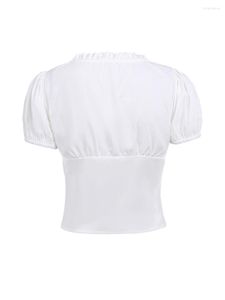 Débardeurs pour femme Chic à volants avec épaules dénudées Crop Top avec crochet et fermeture à l'avant - T-shirt en mousseline de soie à manches courtes de couleur unie pour