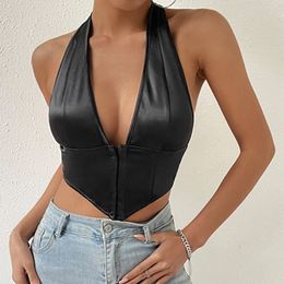 Vrouwen Tanks Vrouwen Satijn Sexy Zomer Backless Cropped Tops Mode Streetwear Ins Y2K Slim Skinny Onregelmatige Halter Tank