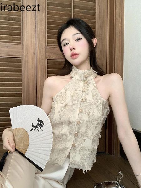 Tanks pour femmes Style chinois Halter Small Vest Femmes Été Summer à l'épaule Beau Button Bouton Fringe Top pour porter
