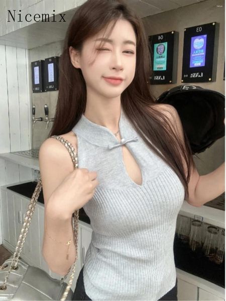 Tanks pour femmes Style chinois debout coule de cou bouton de ganon tricoté