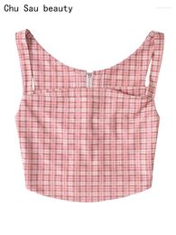 Dames Tanks Chu Sau Beauty 2024 Dames Mode Zoete Plaid Print Stretch Mesh Tank Tops Schattig Vierkante Kraag Sexy Slank Chique Superkort