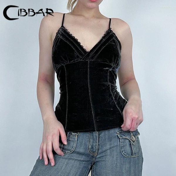 Tanks pour femmes Cibbar Elegant rétro Crop Top Vintage 2000s Sans manches V Velvet Patchwork Camis Y2k Harajuku Black Tenues de femme STRAP