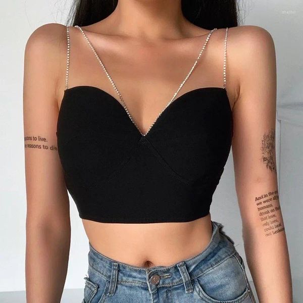 Tanques de mujer Camisola negra clásica Mujeres con cuello en V Correa de hombro de diamante Cremallera trasera Sexy Crop Top Bustier Bra Night Club Party Tank Tops