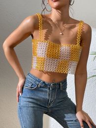 Camiseta sin mangas con cuentas doradas transparentes para mujer