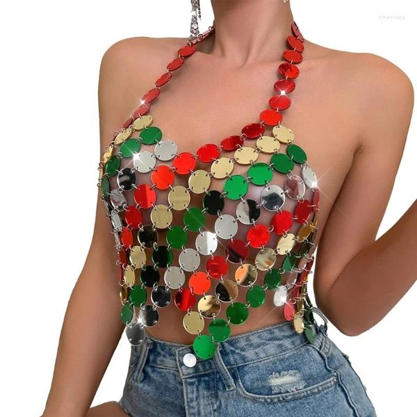 Tanks pour femmes coloré à paillettes en acrylique Top à dos pour les femmes Tenue de festival de bijoux de chaîne de carrosserie